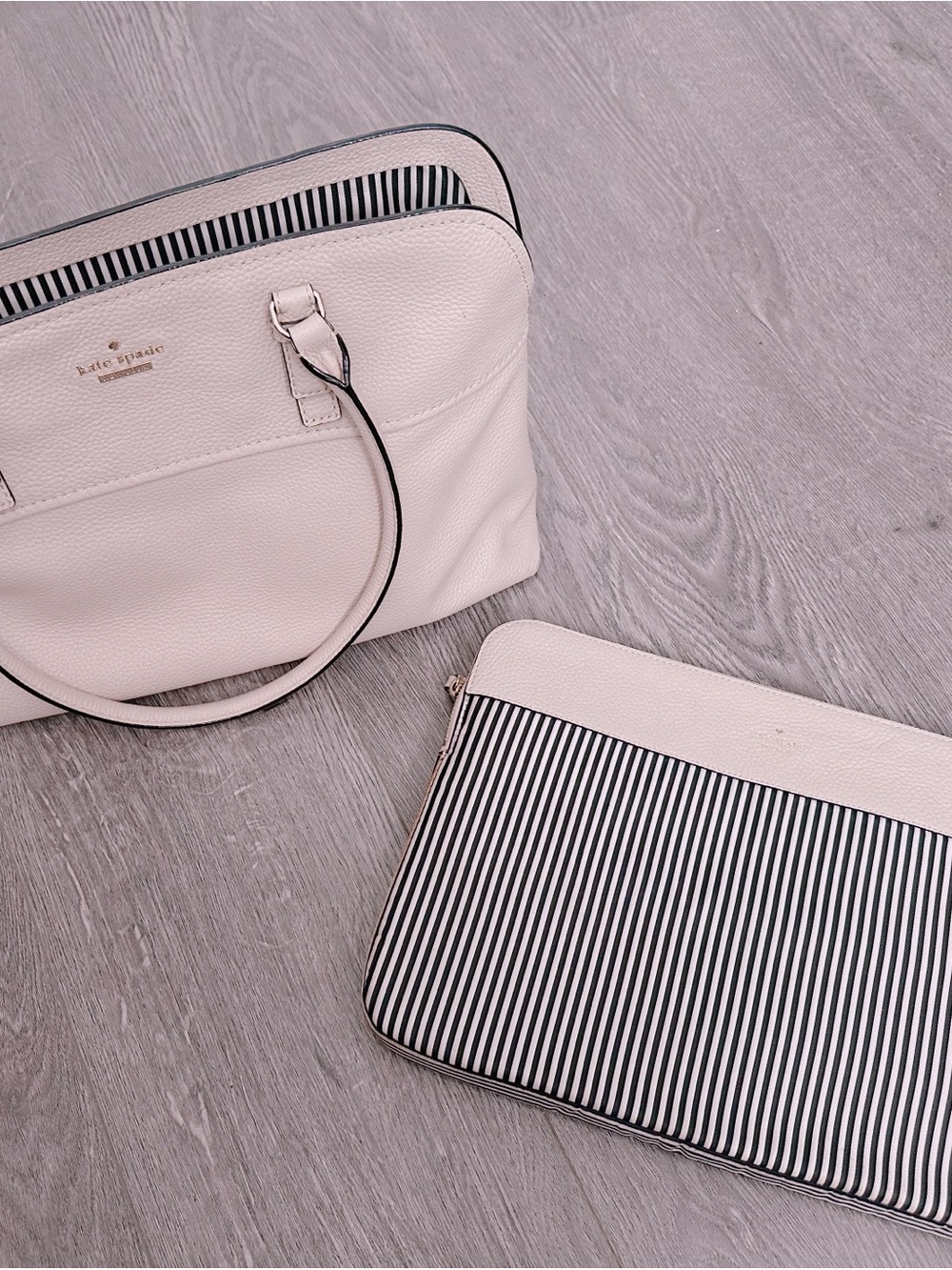 kate spade Cream Leather Laptop Tote with Striped Pouch